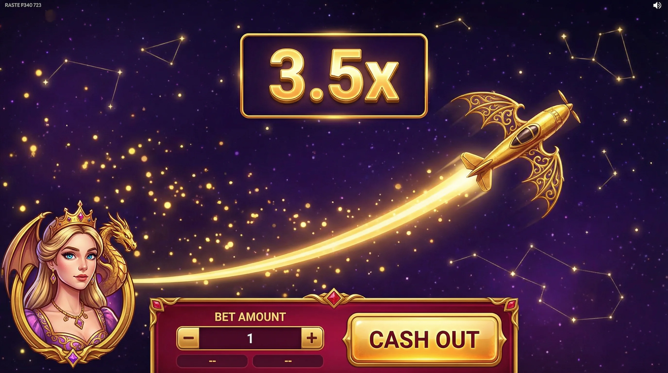 Juego Aviator con avión dorado con alas de dragón volando y multiplicador 3.5x creciente