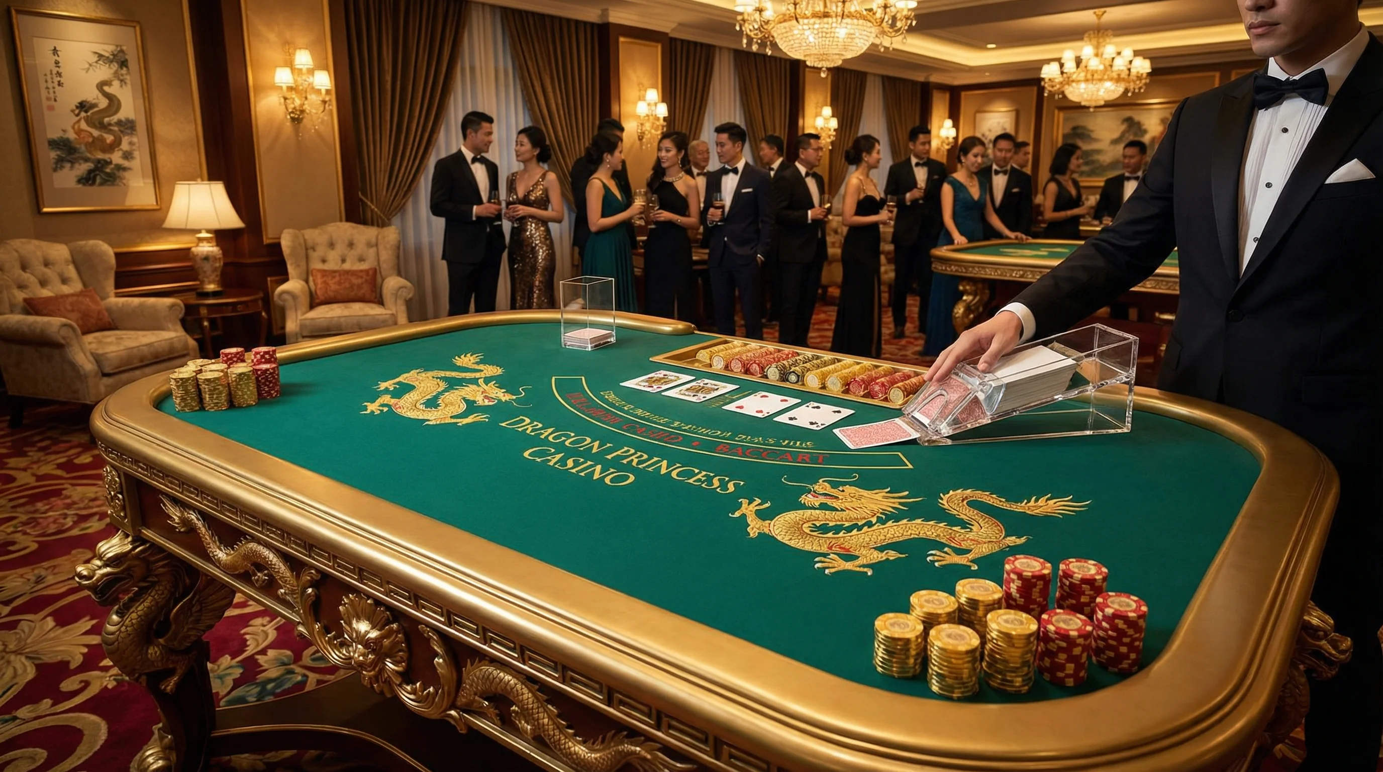 Mesa de bacará VIP con ambiente exclusivo y elegante decoración de dragón dorado