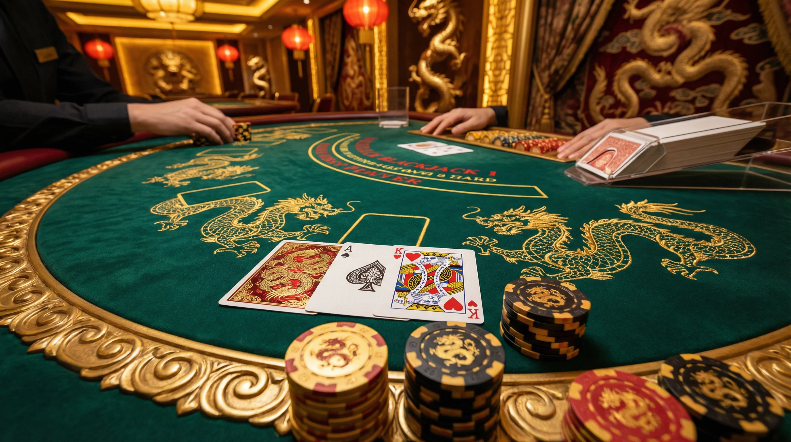 Mesa de blackjack elegante con cartas y fichas en ambiente de casino de lujo con decoración de dragón