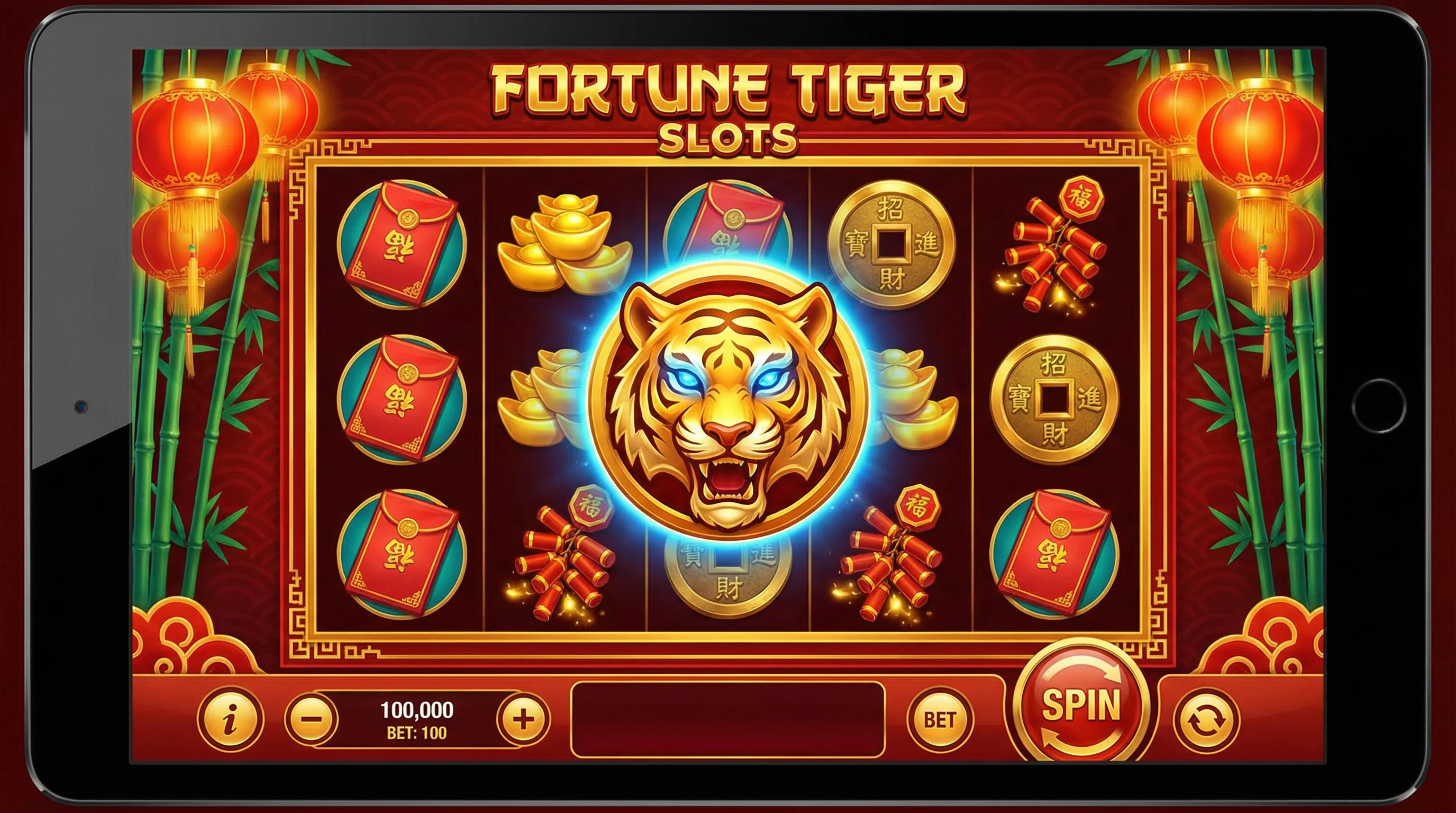 Tragamonedas Fortune Tiger con tigre dorado y símbolos de la suerte china