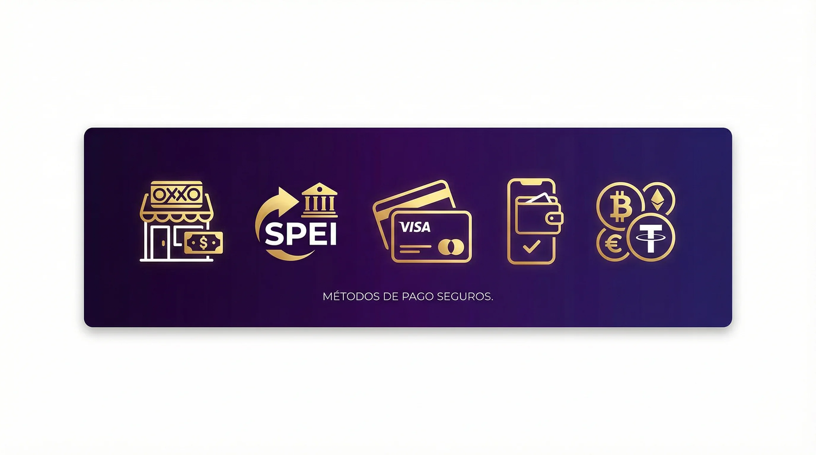 Métodos de pago disponibles: OXXO, SPEI, tarjetas de crédito, monederos electrónicos y criptomonedas