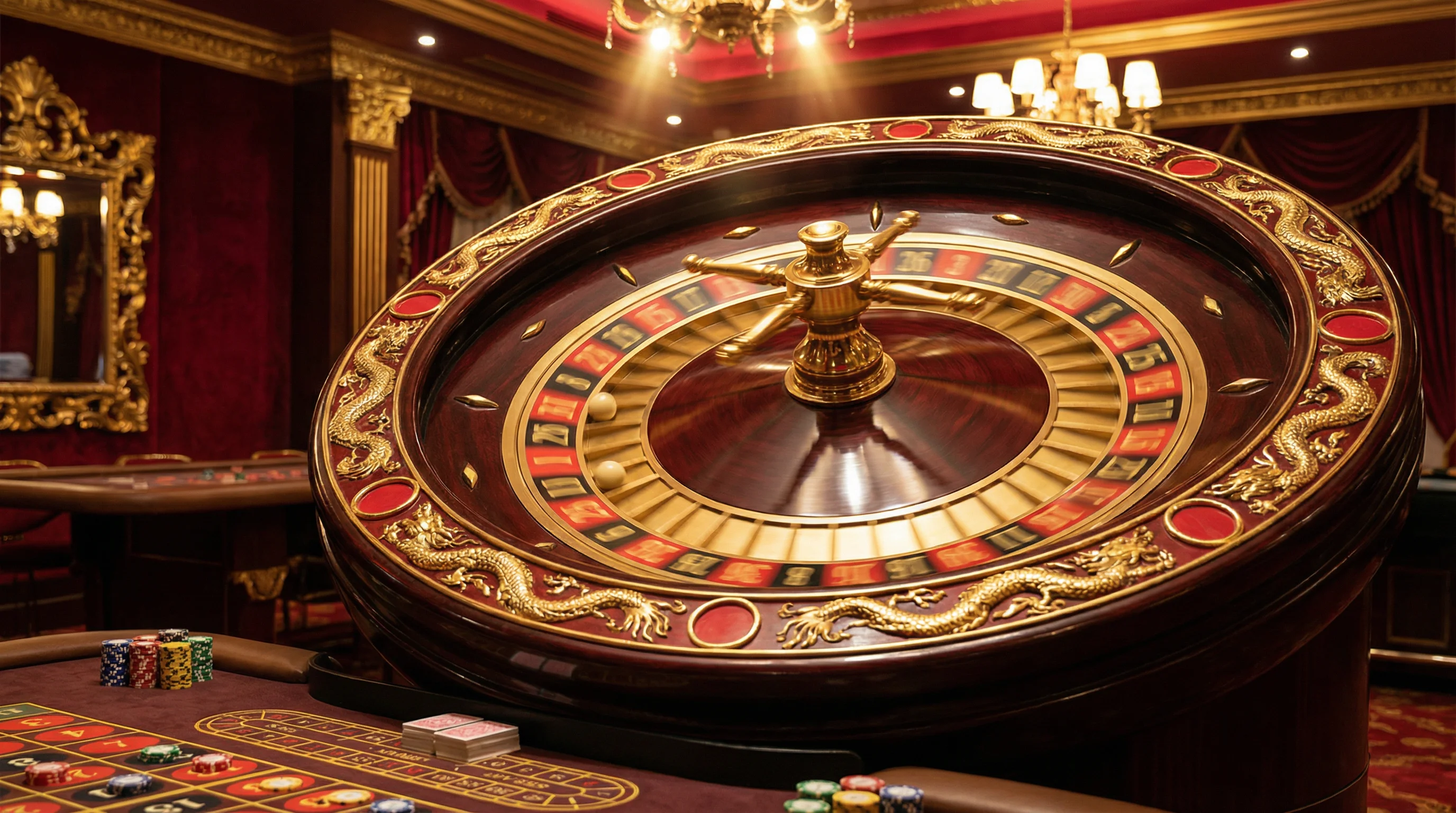 Ruleta de casino premium con diseño de dragón dorado girando en ambiente de lujo