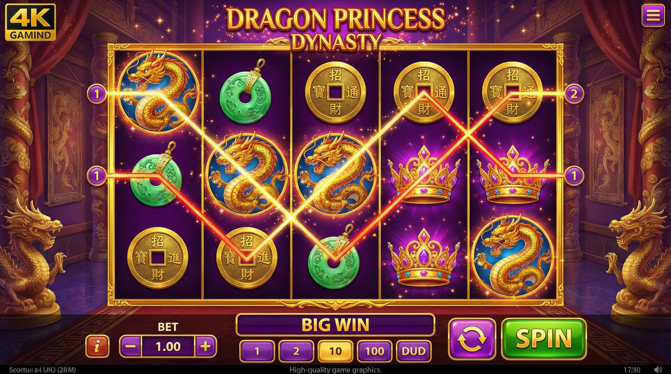 Tragamonedas Dragon Princess Dynasty con símbolos de dragón dorado y monedas de la suerte